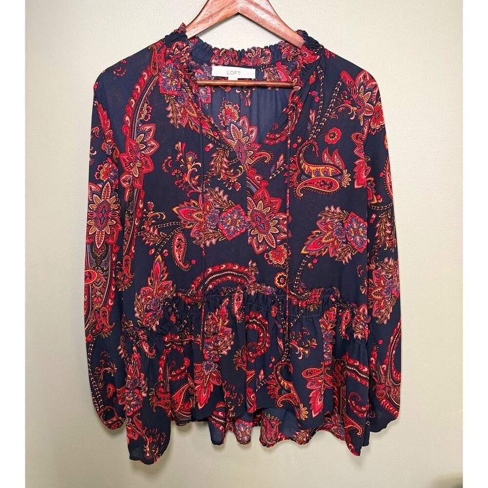 LOFT Women's Blue Red Paisley Ruffle V-Neck Long Sleeve Peplum Blouse Size L